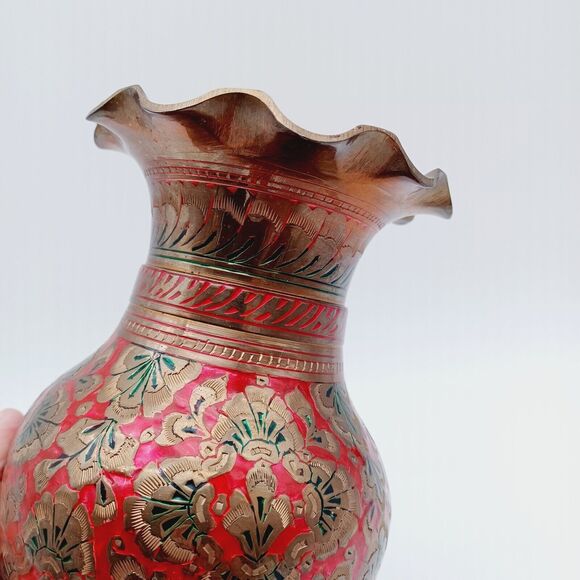 Vintage Etched Brass Vase Ornate Engraved Brass India Red Detail 8.5in - Picture 7 of 8